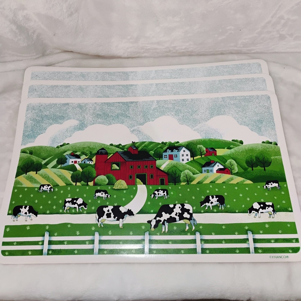 3 Vtg Franco Farmhouse Cow Placemats Set Vinyl 17x11 Red Barn Country Folk Art H